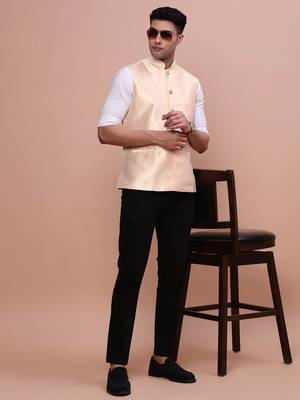 men's woven design cream slim fit nehru jacket 5