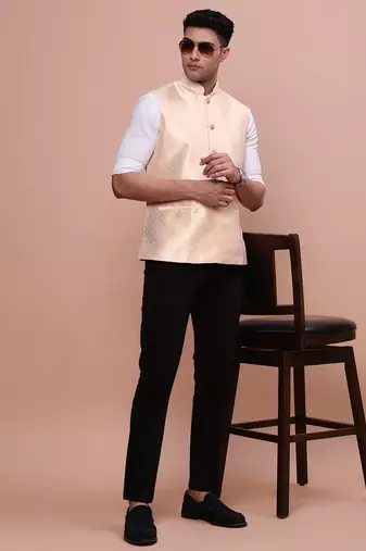 men's woven design cream slim fit nehru jacket
