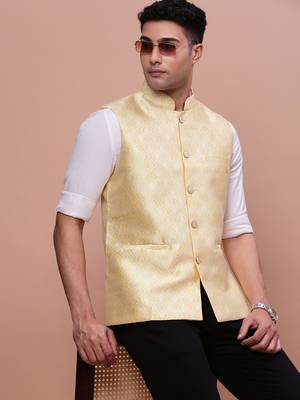 men's woven design yellow slim fit nehru jacket 1