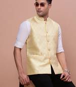 men's woven design yellow slim fit nehru jacket