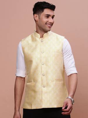 men's woven design yellow slim fit nehru jacket 2