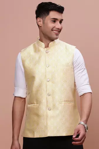 men's woven design yellow slim fit nehru jacket