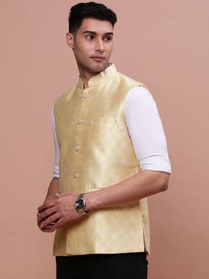 men's woven design yellow slim fit nehru jacket 3