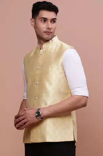men's woven design yellow slim fit nehru jacket
