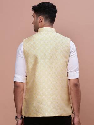 men's woven design yellow slim fit nehru jacket 4