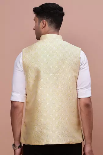 men's woven design yellow slim fit nehru jacket
