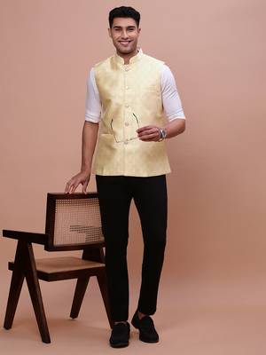 men's woven design yellow slim fit nehru jacket 5
