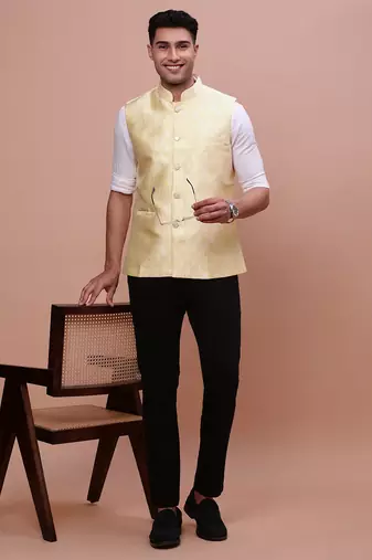 men's woven design yellow slim fit nehru jacket