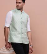 men's woven design green slim fit nehru jacket