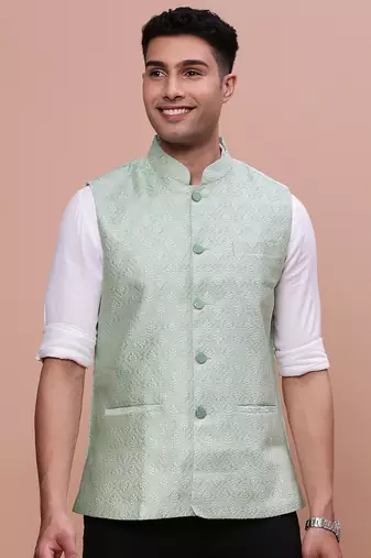 men's woven design green slim fit nehru jacket
