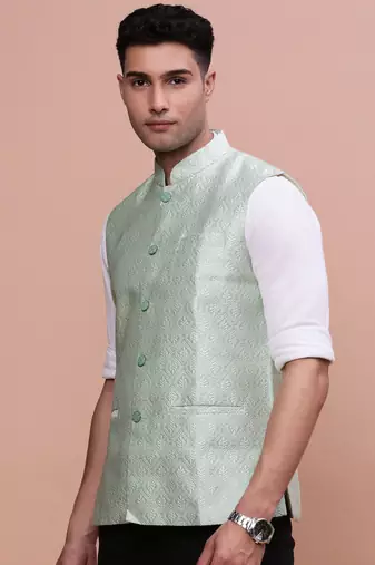 men's woven design green slim fit nehru jacket