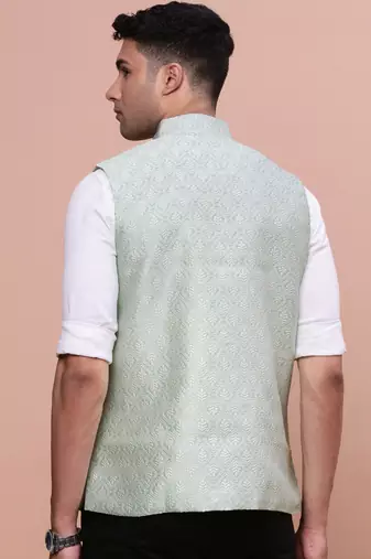 men's woven design green slim fit nehru jacket