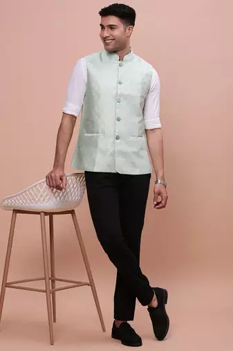 men's woven design green slim fit nehru jacket
