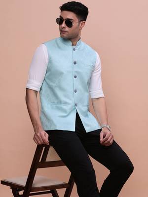 men's woven design blue slim fit nehru jacket 1