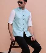 men's woven design blue slim fit nehru jacket