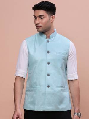 men's woven design blue slim fit nehru jacket 2