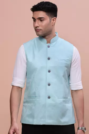 men's woven design blue slim fit nehru jacket