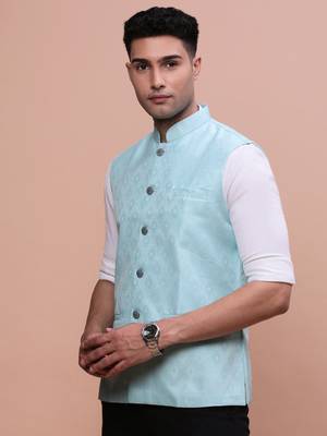 men's woven design blue slim fit nehru jacket 3