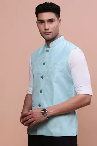 men's woven design blue slim fit nehru jacket