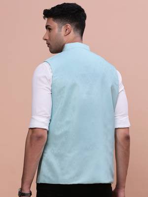 men's woven design blue slim fit nehru jacket 4