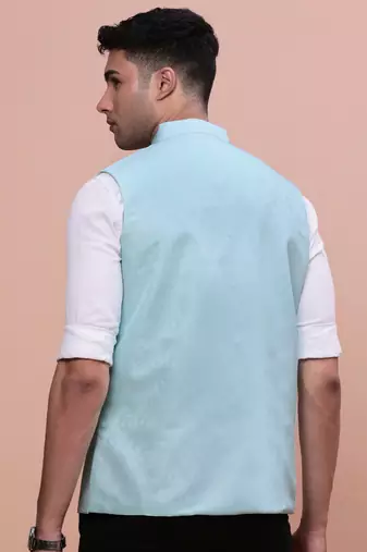 men's woven design blue slim fit nehru jacket