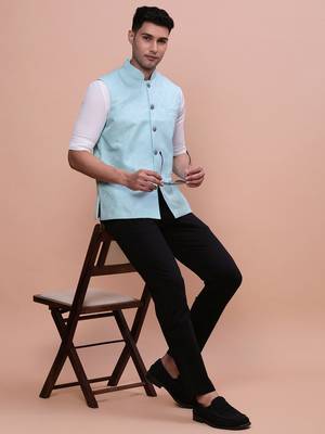 men's woven design blue slim fit nehru jacket 5