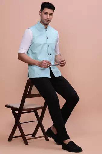 men's woven design blue slim fit nehru jacket