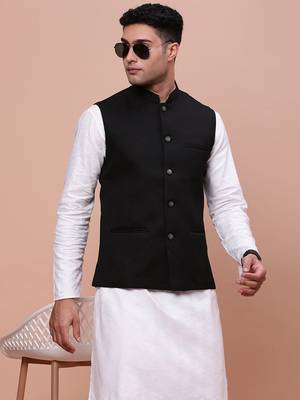 Showoff men's woven design black slim fit nehru jacket 1