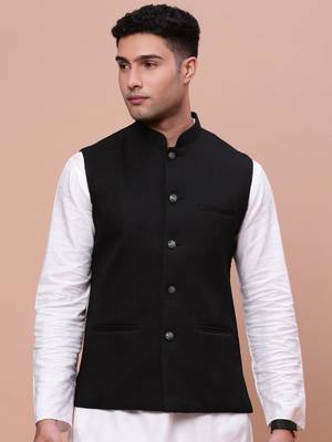 Showoff men's woven design black slim fit nehru jacket 2