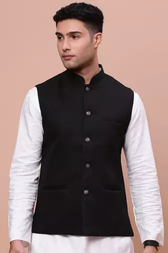 Showoff men's woven design black slim fit nehru jacket