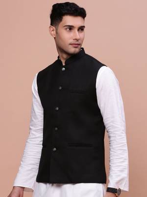 Showoff men's woven design black slim fit nehru jacket 3
