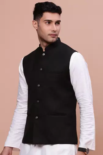 Showoff men's woven design black slim fit nehru jacket