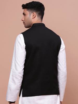 Showoff men's woven design black slim fit nehru jacket 4