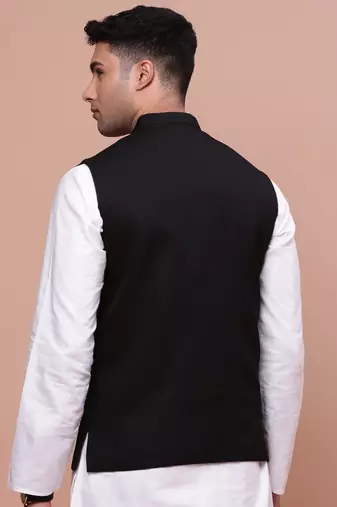 Showoff men's woven design black slim fit nehru jacket