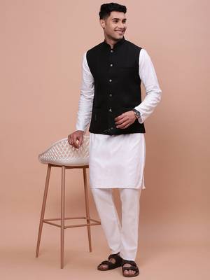 Showoff men's woven design black slim fit nehru jacket 5