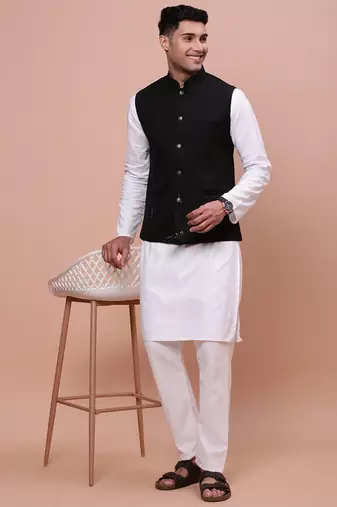 Showoff men's woven design black slim fit nehru jacket