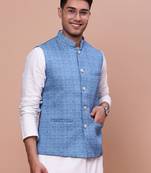 men's woven design blue slim fit nehru jacket