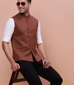 men's solid rust slim fit nehru jacket