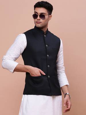 men's solid navy blue slim fit nehru jacket 1