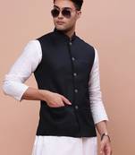 men's solid navy blue slim fit nehru jacket