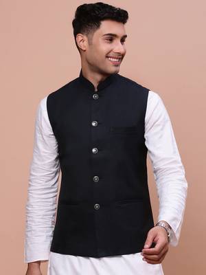men's solid navy blue slim fit nehru jacket 2