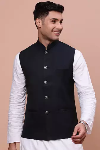 men's solid navy blue slim fit nehru jacket