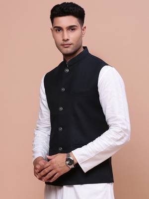 men's solid navy blue slim fit nehru jacket 3