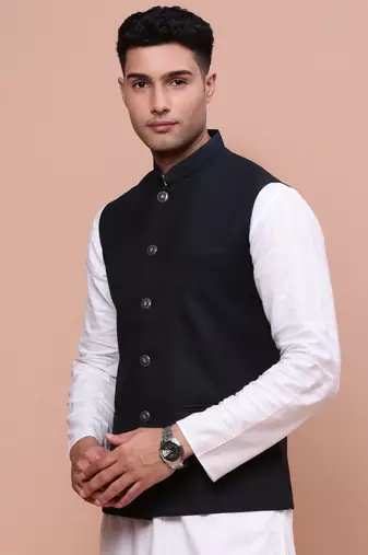 men's solid navy blue slim fit nehru jacket