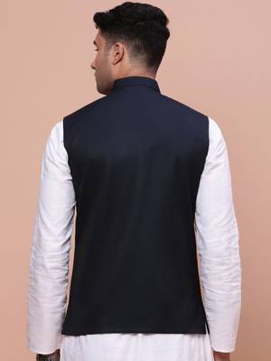 men's solid navy blue slim fit nehru jacket 4