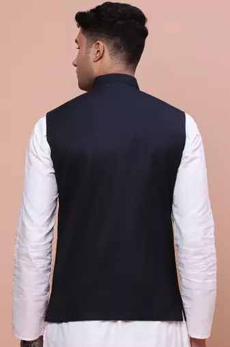 men's solid navy blue slim fit nehru jacket