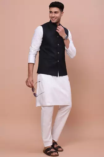 men's solid navy blue slim fit nehru jacket