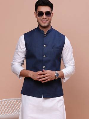 Showoff men's solid navy blue slim fit nehru jacket 1