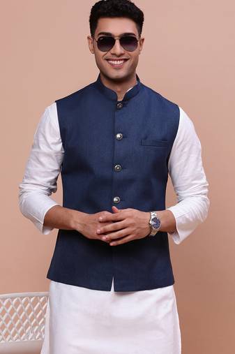 Showoff men's solid navy blue slim fit nehru jacket