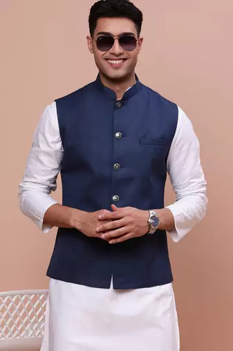 Showoff men's solid navy blue slim fit nehru jacket